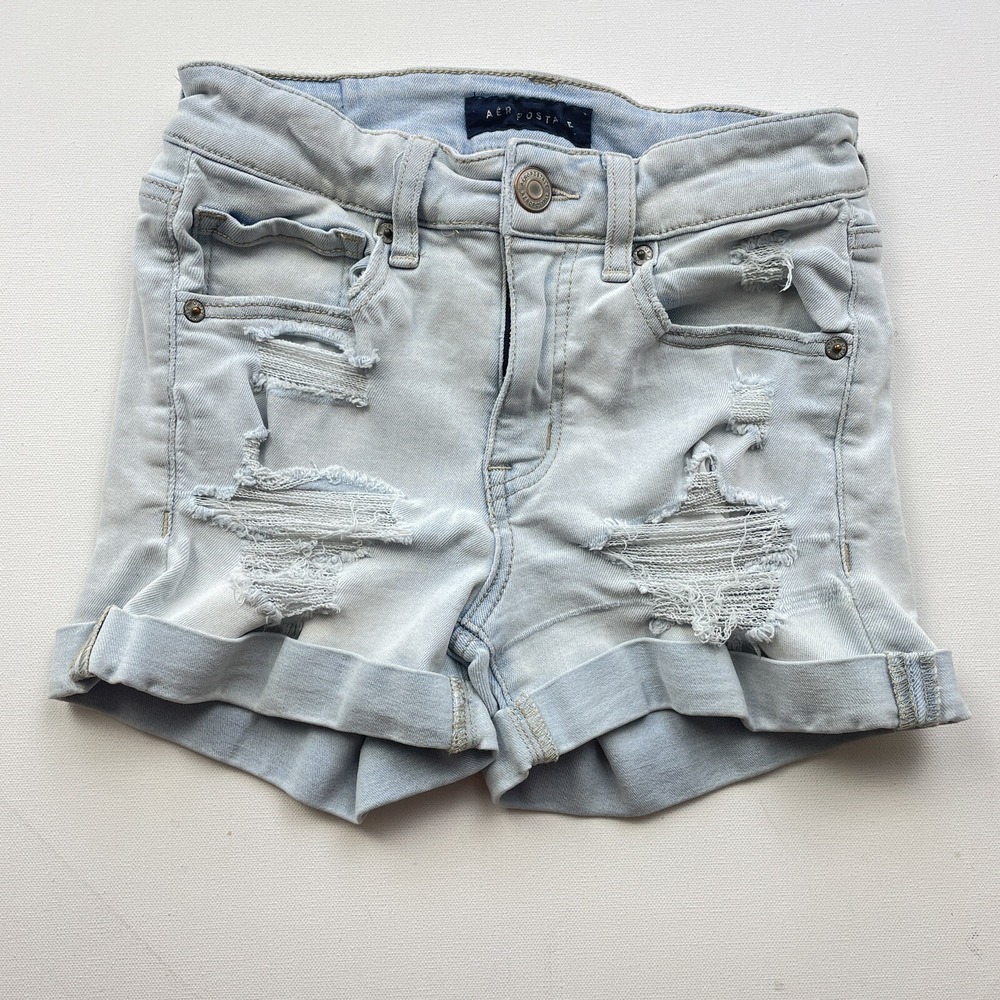Aéropostale Womens 0 Blue Light Wash Distressed Cutoff Cuff Denim Shorts Outdoor